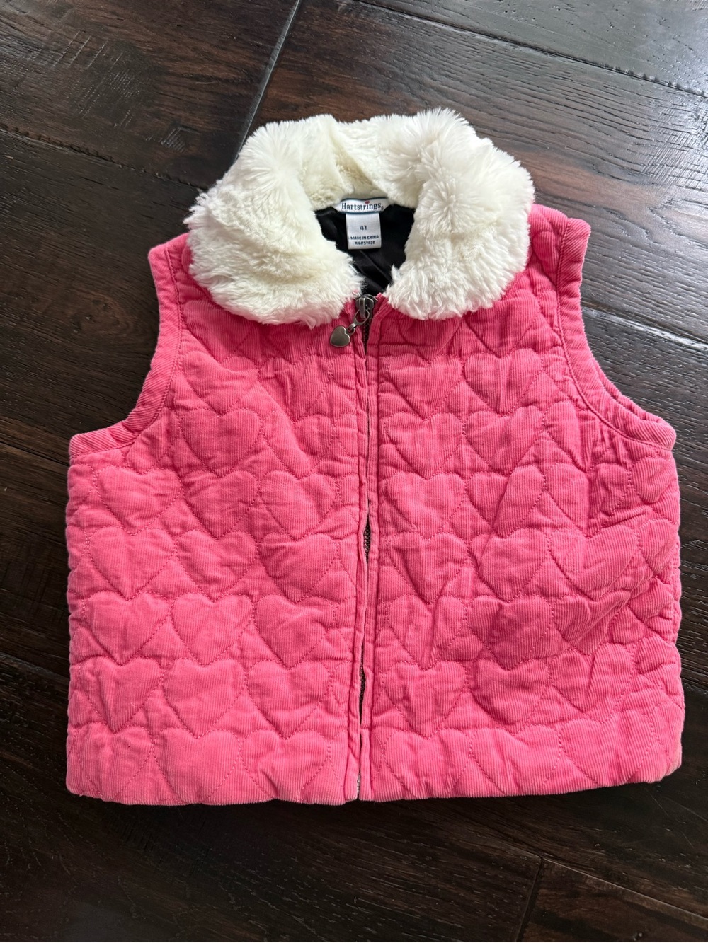 Hartstrings Pink Quilted Heart Vest with Cream Faux Fur Collar
